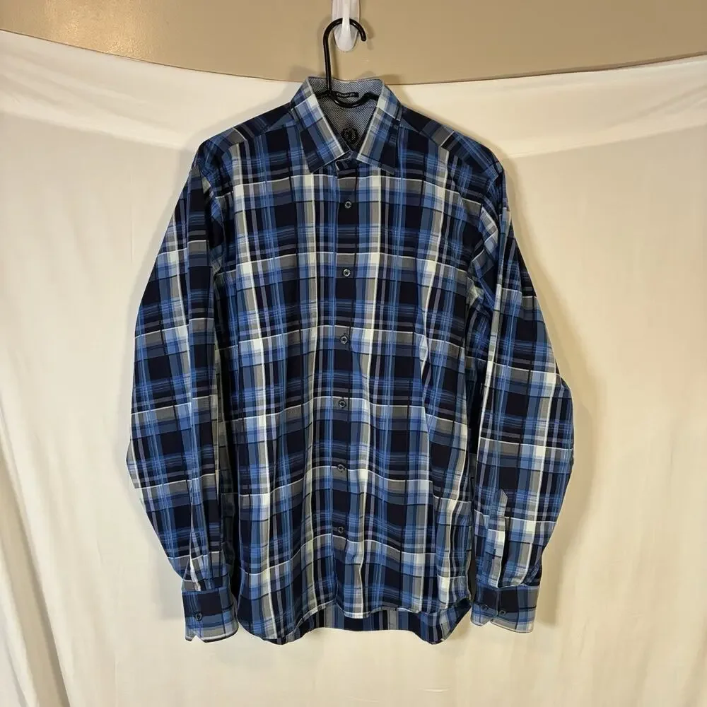 💰Bugatchi Uomo Mens Plaid Classic Fit Button Down Shirt Size L Navy Blue Cotton